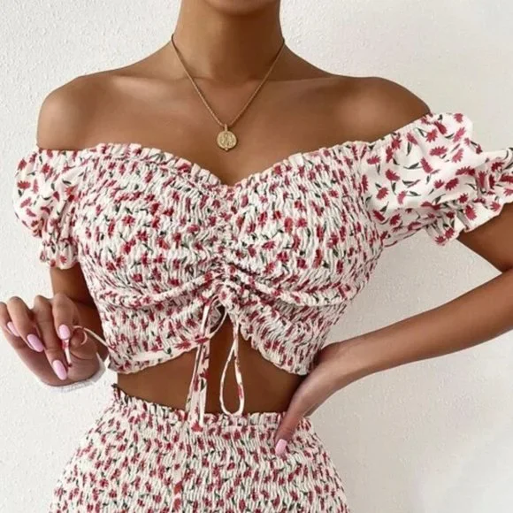 Boho chic Floral  Ruched Shirred Bodice Crop Top & skirt set - Picture 8 of 8